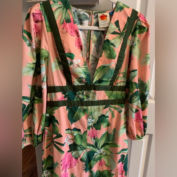 Farm Rio x Anthropologie XS NWT Deep-V Wide Leg Jumpsuit Tropical Floral Pink - Picture 9 of 17